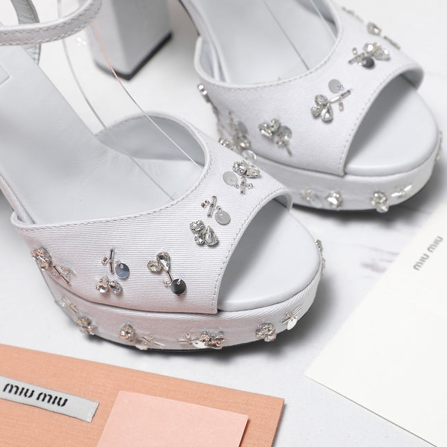 MIUMIU 26S PLATFORM ANKLE STRAP SANDALS 120MM IN LIGHT GREY CANVAS CRYSTAL-EMBELLISHED