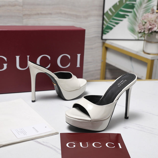 GUCCI 26S HEELED SLIDE SANDALS 120MM IN WHITE PATENT CALFSKIN