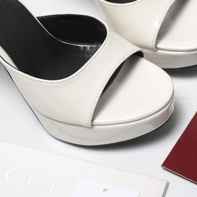 GUCCI 26S HEELED SLIDE SANDALS 120MM IN WHITE PATENT CALFSKIN