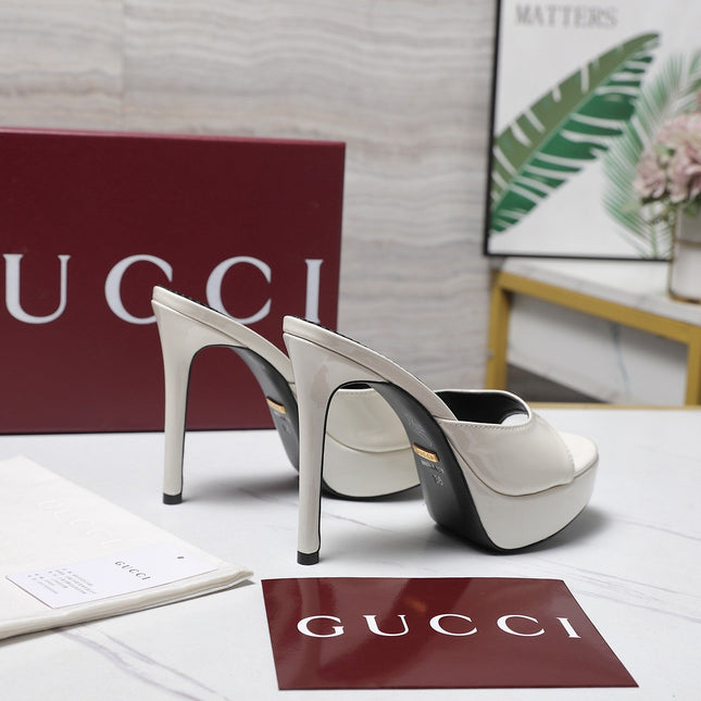 GUCCI 26S HEELED SLIDE SANDALS 120MM IN WHITE PATENT CALFSKIN