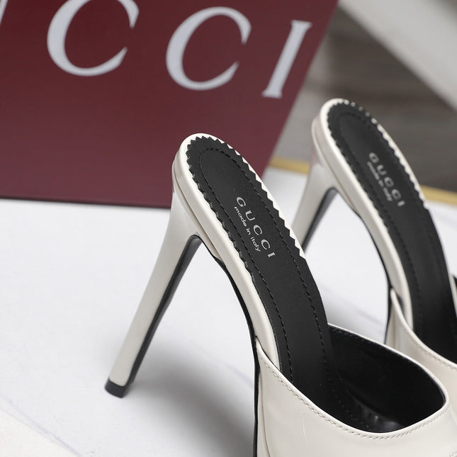 GUCCI 26S HEELED SLIDE SANDALS 120MM IN WHITE PATENT CALFSKIN