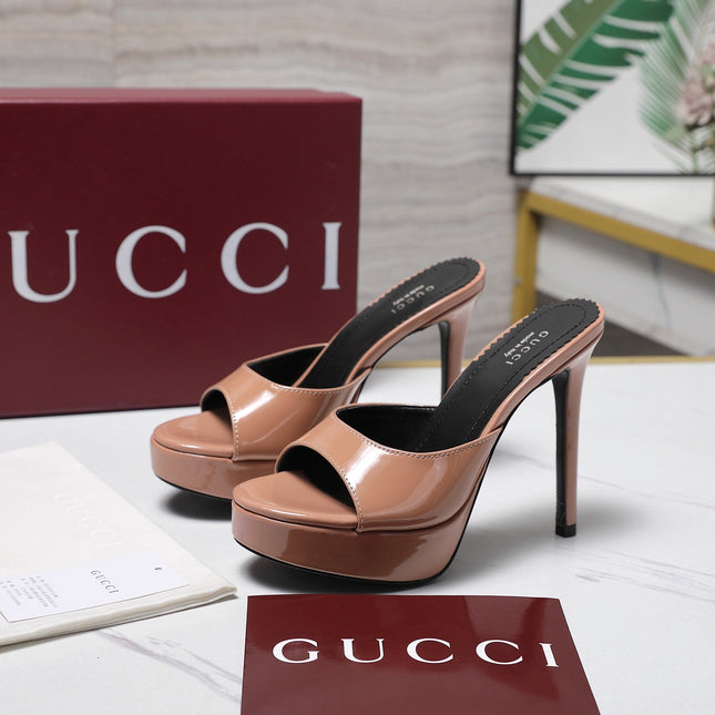 GUCCI 26S HEELED SLIDE SANDALS 120MM IN NUDE PINK PATENT CALFSKIN