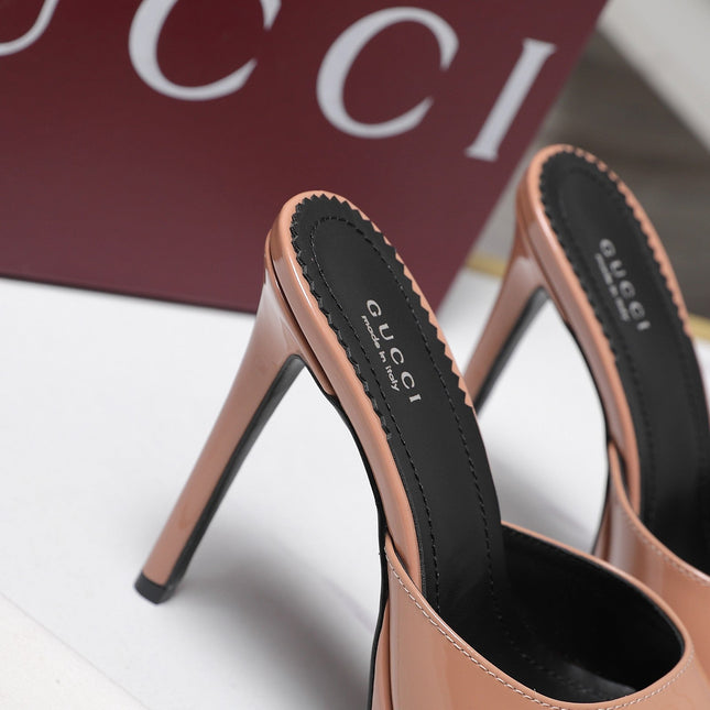 GUCCI 26S HEELED SLIDE SANDALS 120MM IN NUDE PINK PATENT CALFSKIN