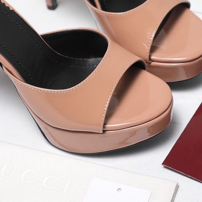 GUCCI 26S HEELED SLIDE SANDALS 120MM IN NUDE PINK PATENT CALFSKIN
