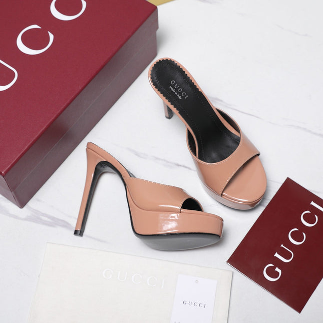 GUCCI 26S HEELED SLIDE SANDALS 120MM IN NUDE PINK PATENT CALFSKIN