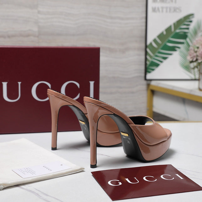 GUCCI 26S HEELED SLIDE SANDALS 120MM IN NUDE PINK PATENT CALFSKIN