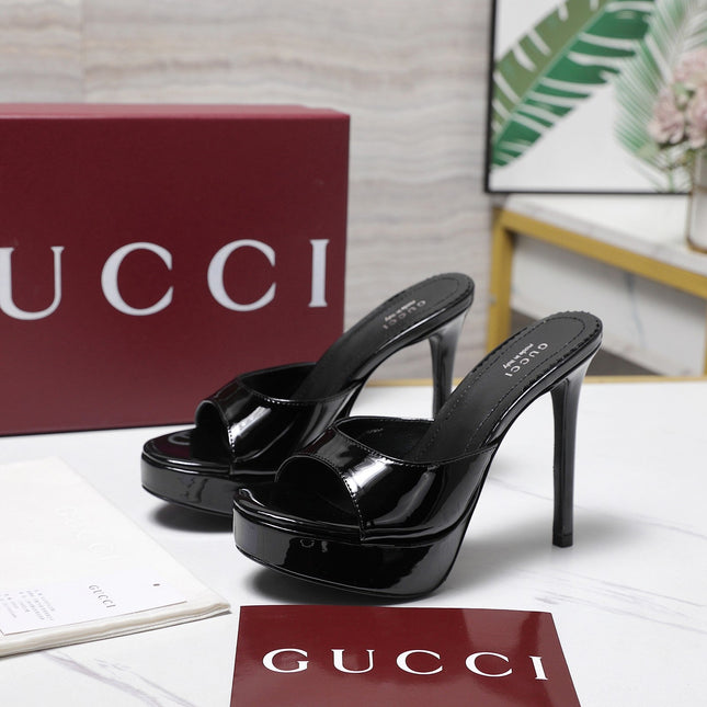 GUCCI 26S HEELED SLIDE SANDALS 120MM IN BLACK PATENT CALFSKIN