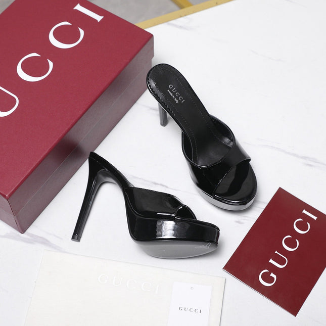 GUCCI 26S HEELED SLIDE SANDALS 120MM IN BLACK PATENT CALFSKIN