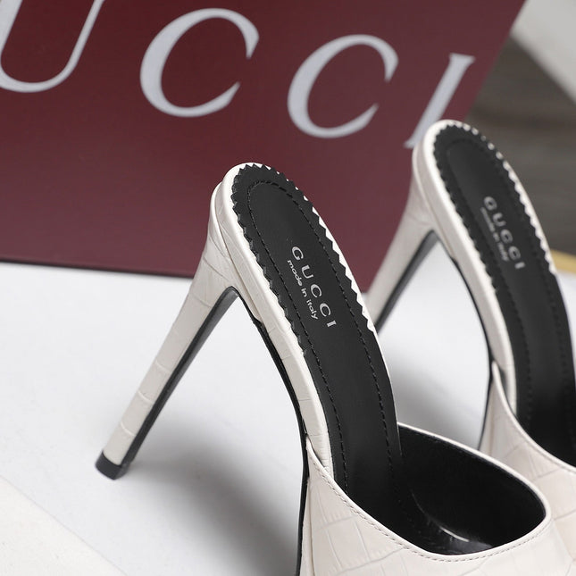 GUCCI 26S HEELED SLIDE SANDALS 120MM IN WHITE CROCODILE EMBOSSED PATENT CALFSKIN