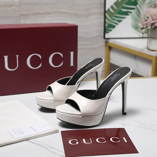 GUCCI 26S HEELED SLIDE SANDALS 120MM IN WHITE CROCODILE EMBOSSED PATENT CALFSKIN