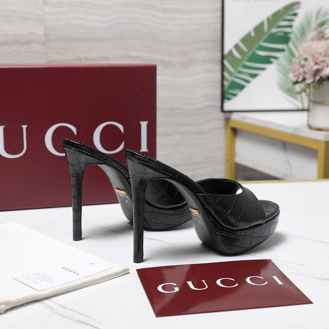 GUCCI 26S HEELED SLIDE SANDALS 120MM IN BLACK CROCODILE EMBOSSED PATENT CALFSKIN