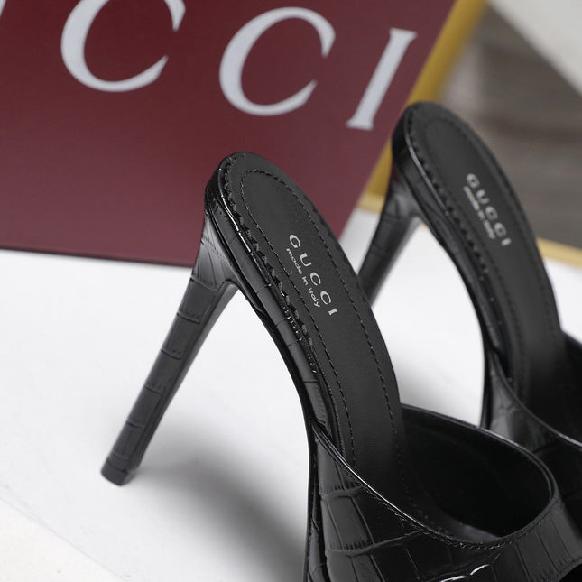 GUCCI 26S HEELED SLIDE SANDALS 120MM IN BLACK CROCODILE EMBOSSED PATENT CALFSKIN