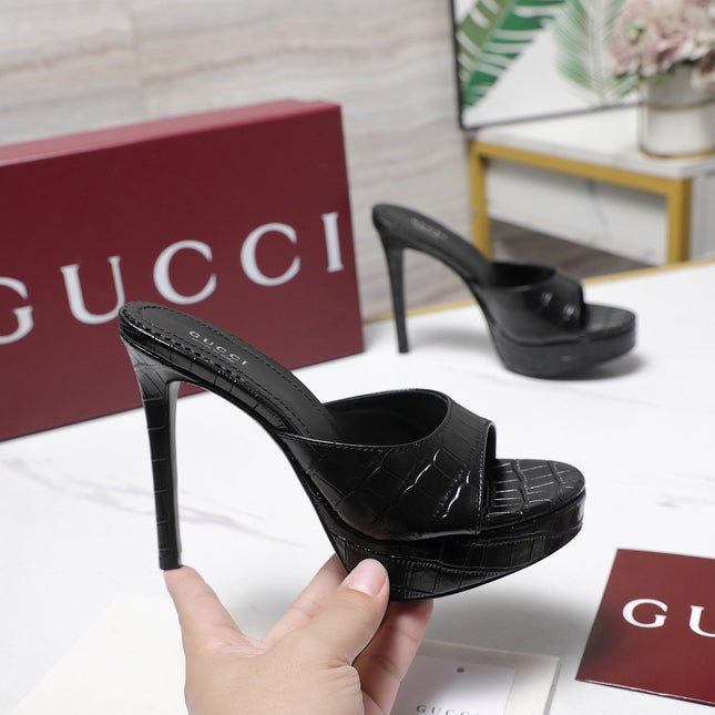 GUCCI 26S HEELED SLIDE SANDALS 120MM IN BLACK CROCODILE EMBOSSED PATENT CALFSKIN