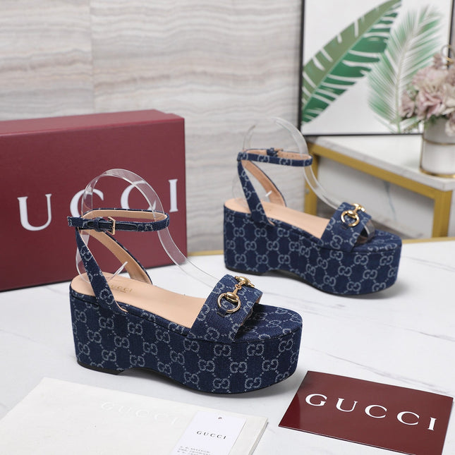 GUCCI 26S WEDGE SANDALS 80 MM IN BLUE GG DENIM GOLD HARDWARE