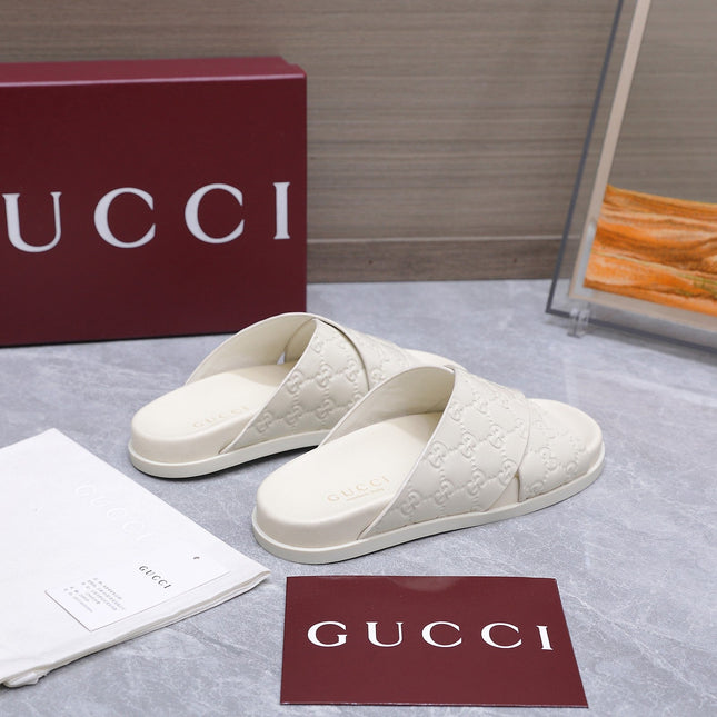 GUCCI 26S CROSSOVER SANDALS IN WHITE GG EMBOSSED CALFSKIN