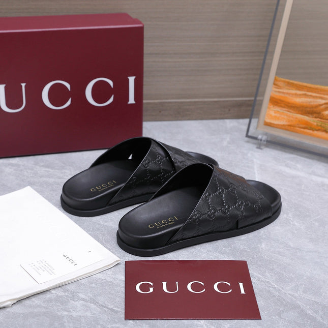GUCCI 26S CROSSOVER SANDALS IN BLACK GG EMBOSSED CALFSKIN