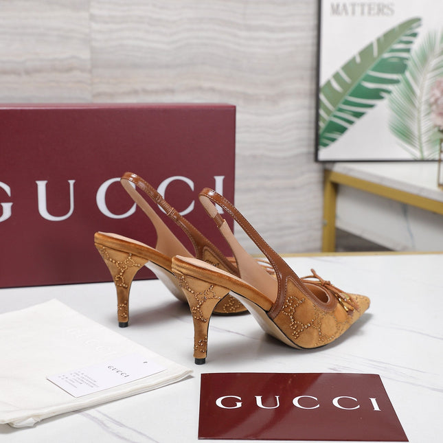 GUCCI 26S SLINGBACK PUMPS 100MM IN CARAMEL BROWN VELVET GOLD HARDWARE WITH BOW