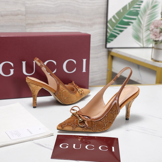 GUCCI 26S SLINGBACK PUMPS 100MM IN CARAMEL BROWN VELVET GOLD HARDWARE WITH BOW