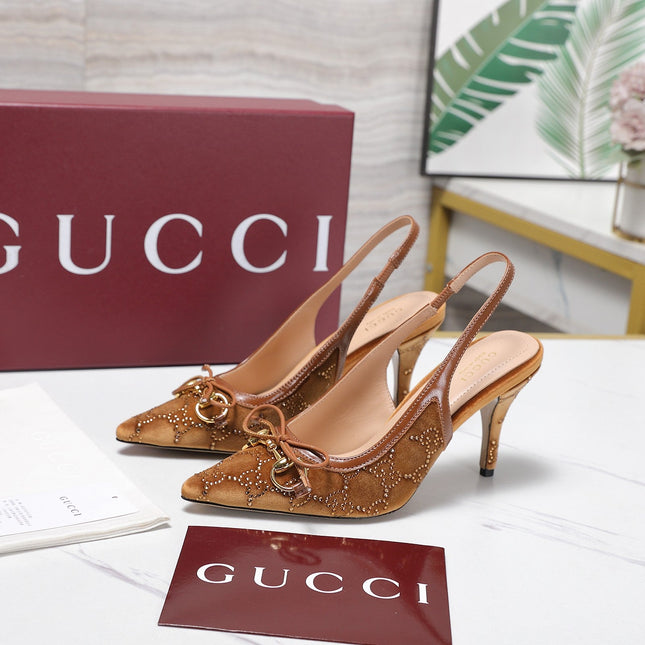 GUCCI 26S SLINGBACK PUMPS 100MM IN CARAMEL BROWN VELVET GOLD HARDWARE WITH BOW