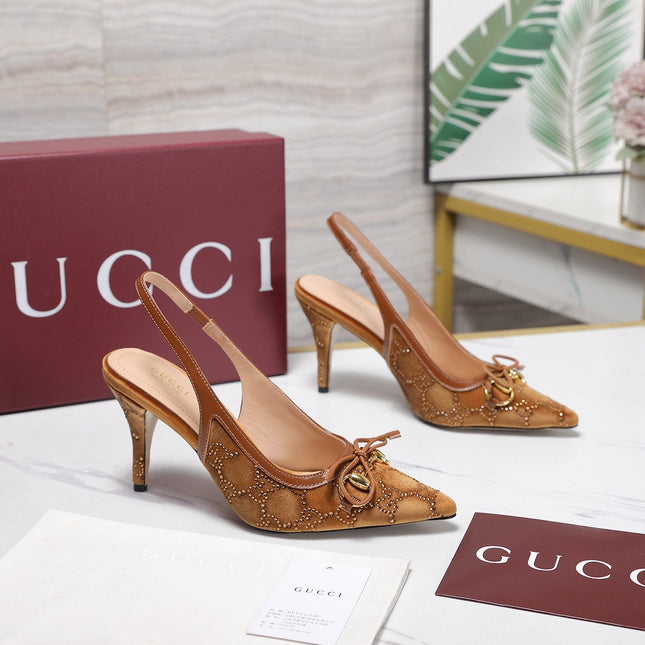 GUCCI 26S SLINGBACK PUMPS 100MM IN CARAMEL BROWN VELVET GOLD HARDWARE WITH BOW
