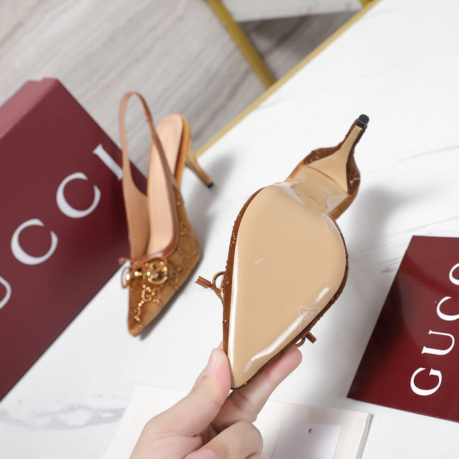 GUCCI 26S SLINGBACK PUMPS 100MM IN CARAMEL BROWN VELVET GOLD HARDWARE WITH BOW