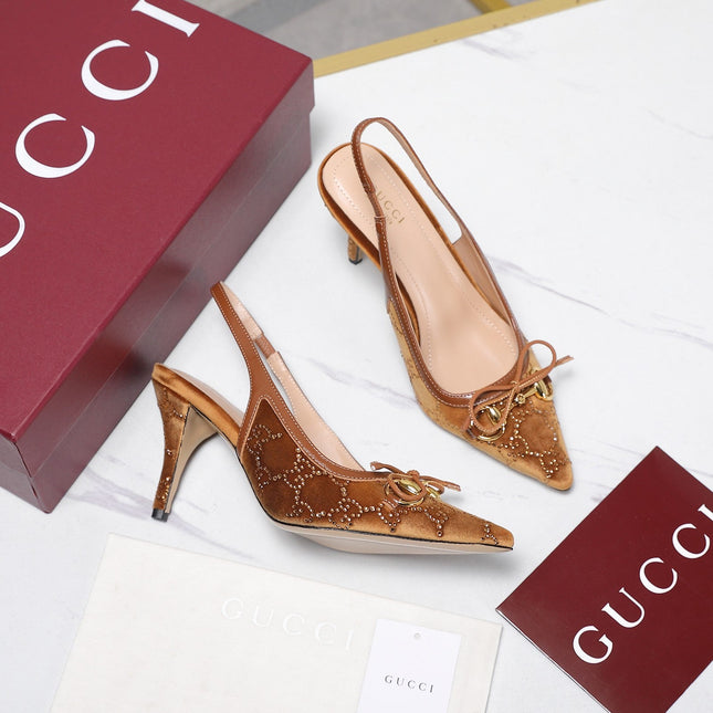 GUCCI 26S SLINGBACK PUMPS 100MM IN CARAMEL BROWN VELVET GOLD HARDWARE WITH BOW
