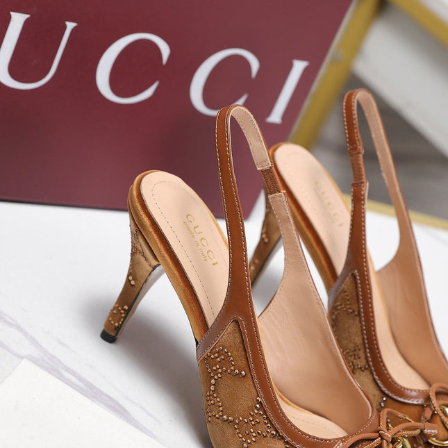 GUCCI 26S SLINGBACK PUMPS 100MM IN CARAMEL BROWN VELVET GOLD HARDWARE WITH BOW