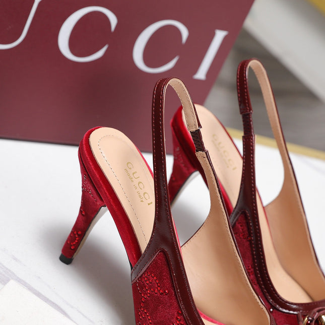 GUCCI 26S SLINGBACK PUMPS 100MM IN DARK RED VELVET GOLD HARDWARE WITH BOW