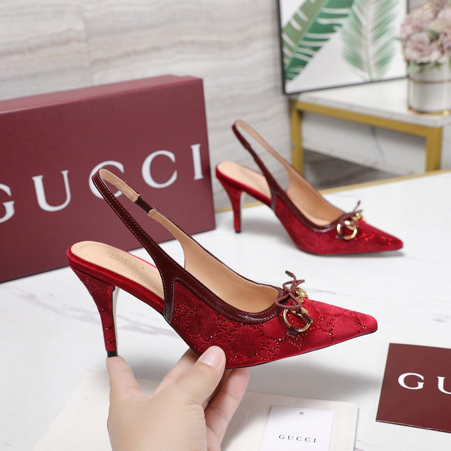 GUCCI 26S SLINGBACK PUMPS 100MM IN DARK RED VELVET GOLD HARDWARE WITH BOW