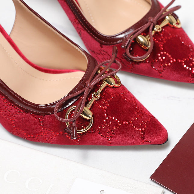 GUCCI 26S SLINGBACK PUMPS 100MM IN DARK RED VELVET GOLD HARDWARE WITH BOW