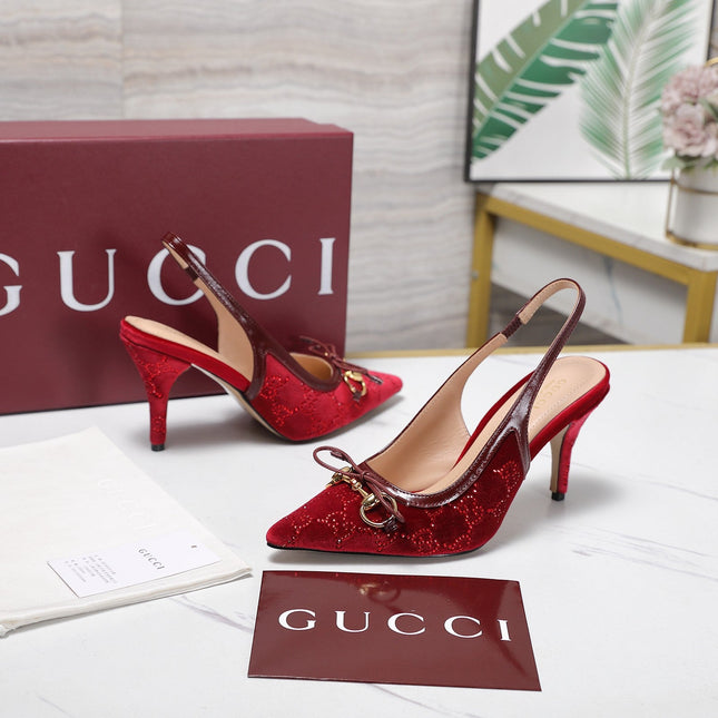 GUCCI 26S SLINGBACK PUMPS 100MM IN DARK RED VELVET GOLD HARDWARE WITH BOW