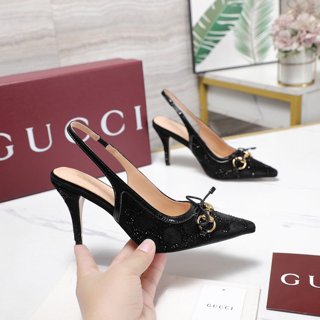 GUCCI 26S SLINGBACK PUMPS 100MM IN BLACK VELVET GOLD HARDWARE WITH BOW