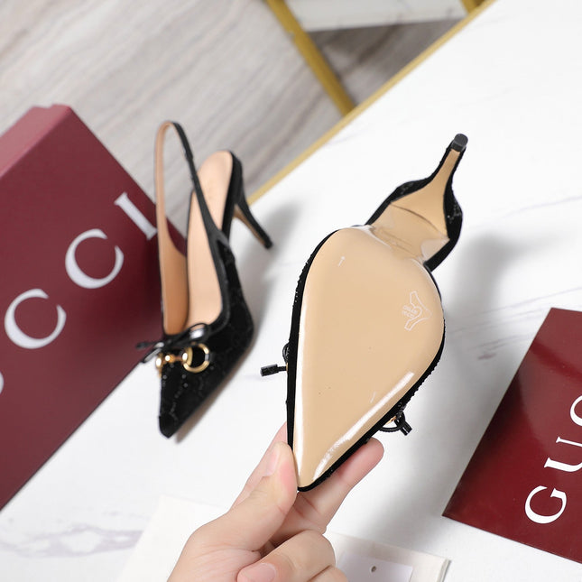 GUCCI 26S SLINGBACK PUMPS 100MM IN BLACK VELVET GOLD HARDWARE WITH BOW