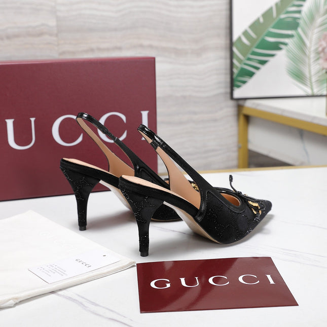 GUCCI 26S SLINGBACK PUMPS 100MM IN BLACK VELVET GOLD HARDWARE WITH BOW