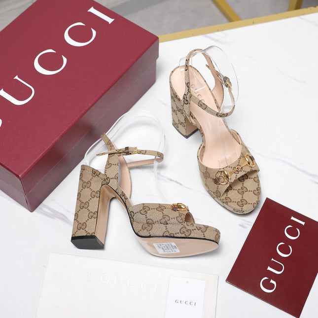 GUCCI 26S HORSEBIT ANKLE STRAP PLATFORM HEELS 115MM IN BEIGE CANVAS