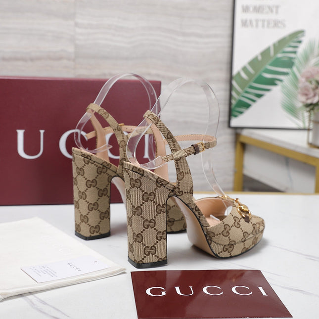 GUCCI 26S HORSEBIT ANKLE STRAP PLATFORM HEELS 115MM IN BEIGE CANVAS