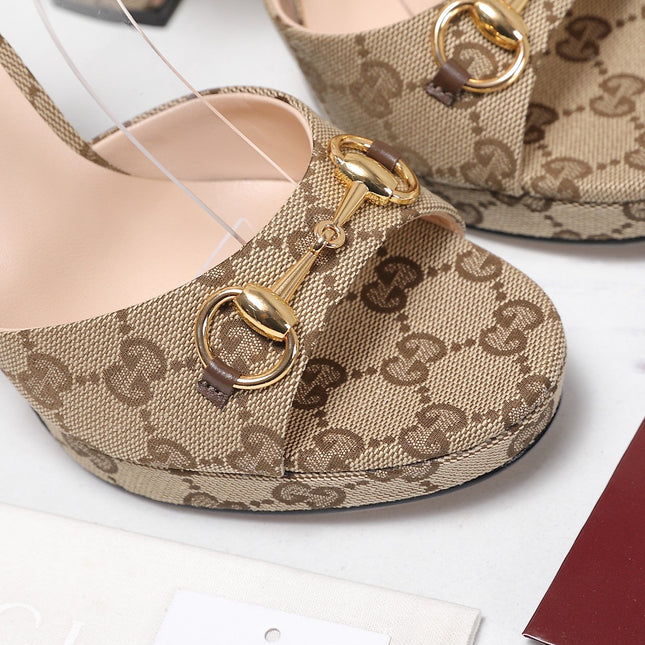 GUCCI 26S HORSEBIT ANKLE STRAP PLATFORM HEELS 115MM IN BEIGE CANVAS