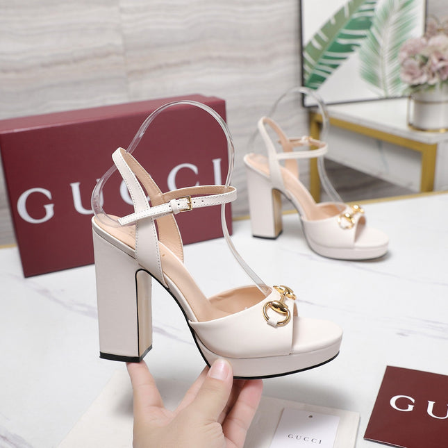 GUCCI 26S HORSEBIT ANKLE STRAP PLATFORM HEELS 115MM IN IVORY WHITE CALFSKIN