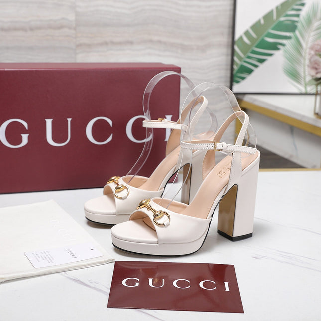 GUCCI 26S HORSEBIT ANKLE STRAP PLATFORM HEELS 115MM IN IVORY WHITE CALFSKIN