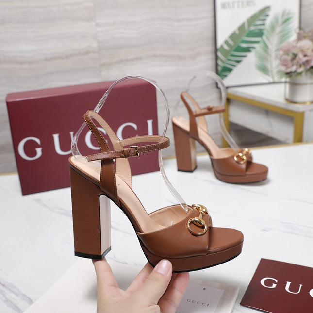 GUCCI 26S HORSEBIT ANKLE STRAP PLATFORM HEELS 115MM IN CARAMEL BROWN CALFSKIN