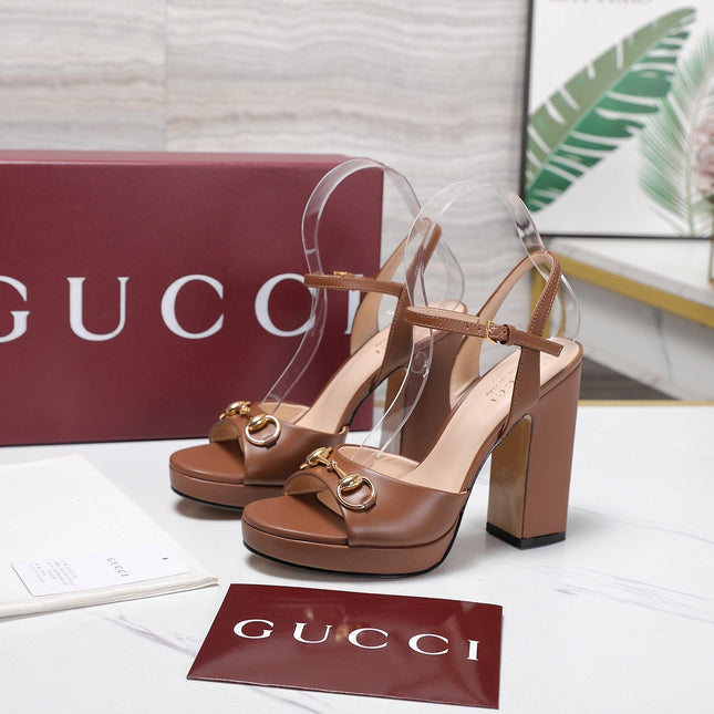 GUCCI 26S HORSEBIT ANKLE STRAP PLATFORM HEELS 115MM IN CARAMEL BROWN CALFSKIN