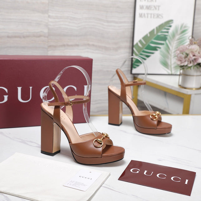 GUCCI 26S HORSEBIT ANKLE STRAP PLATFORM HEELS 115MM IN CARAMEL BROWN CALFSKIN