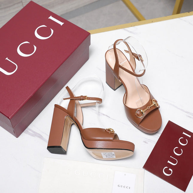 GUCCI 26S HORSEBIT ANKLE STRAP PLATFORM HEELS 115MM IN CARAMEL BROWN CALFSKIN