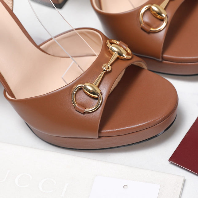 GUCCI 26S HORSEBIT ANKLE STRAP PLATFORM HEELS 115MM IN CARAMEL BROWN CALFSKIN