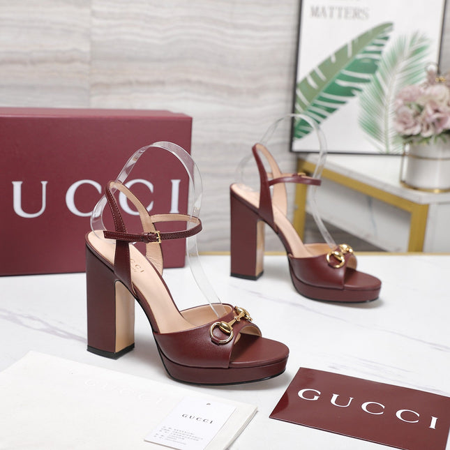 GUCCI 26S HORSEBIT ANKLE STRAP PLATFORM HEELS 115MM IN BURGUNDY RED CALFSKIN