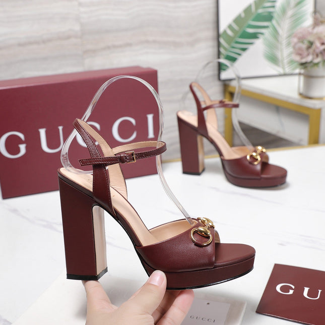 GUCCI 26S HORSEBIT ANKLE STRAP PLATFORM HEELS 115MM IN BURGUNDY RED CALFSKIN