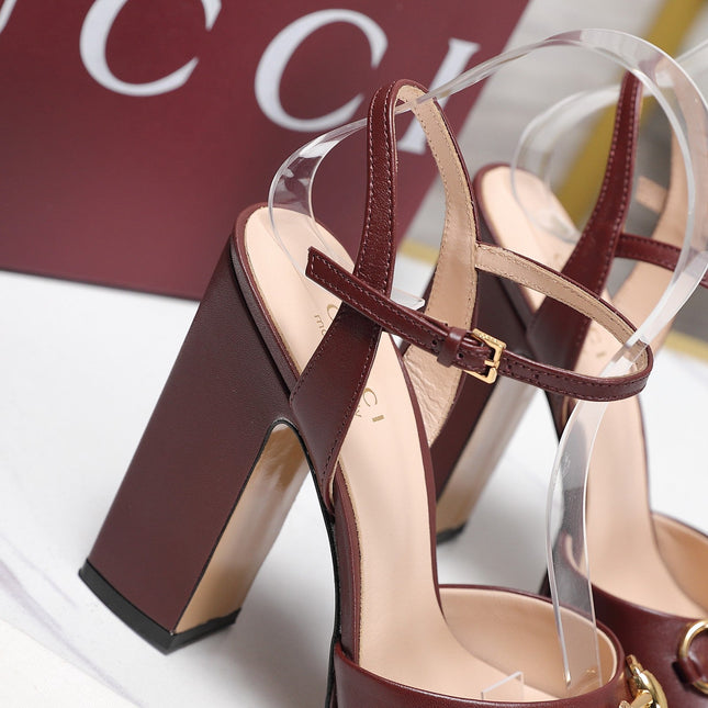 GUCCI 26S HORSEBIT ANKLE STRAP PLATFORM HEELS 115MM IN BURGUNDY RED CALFSKIN