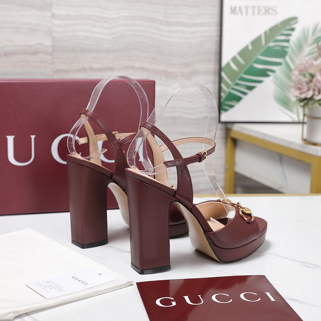 GUCCI 26S HORSEBIT ANKLE STRAP PLATFORM HEELS 115MM IN BURGUNDY RED CALFSKIN