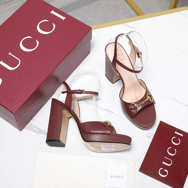 GUCCI 26S HORSEBIT ANKLE STRAP PLATFORM HEELS 115MM IN BURGUNDY RED CALFSKIN