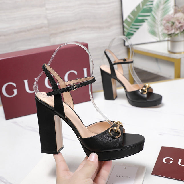 GUCCI 26S HORSEBIT ANKLE STRAP PLATFORM HEELS 115MM IN BLACK CALFSKIN